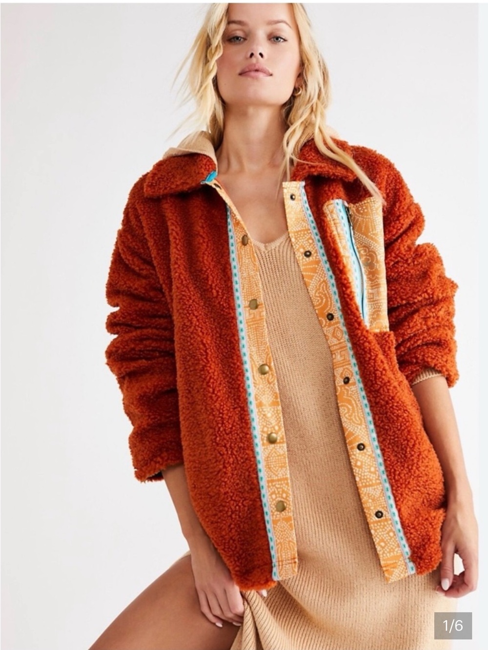 Free People Burnt Orange Sherpa Jacket with Patterned Trim